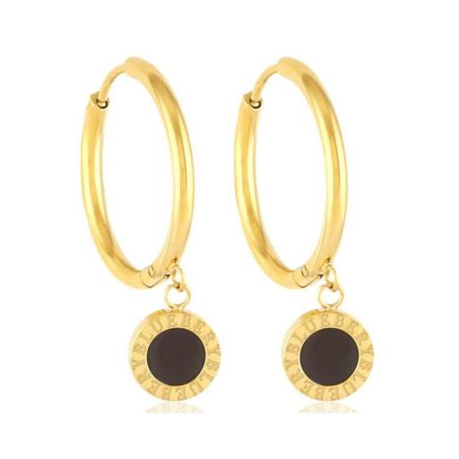 Pendientes aros dorado con colgante negro