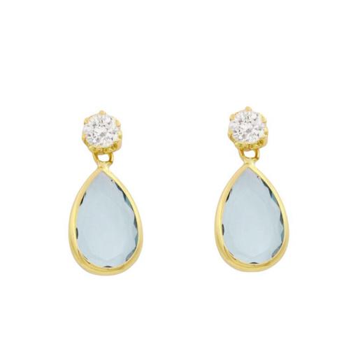 Pendientes en forma de gota azul y una circonita blanca de oro 18k