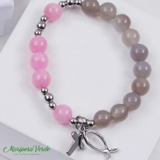 Pulsera - rosario de piedras naturales de Primera Comunión en tono rosa