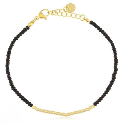 Pulsera fina de acero dorado bolitas negras en centro bolitas doradas [0]