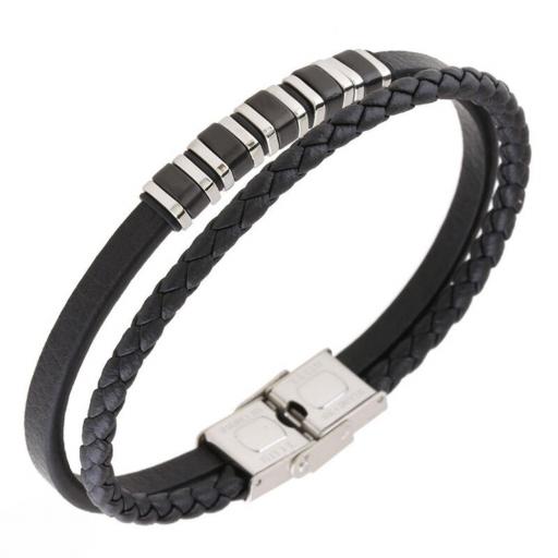  Pulsera doble de piel y acero para hombre