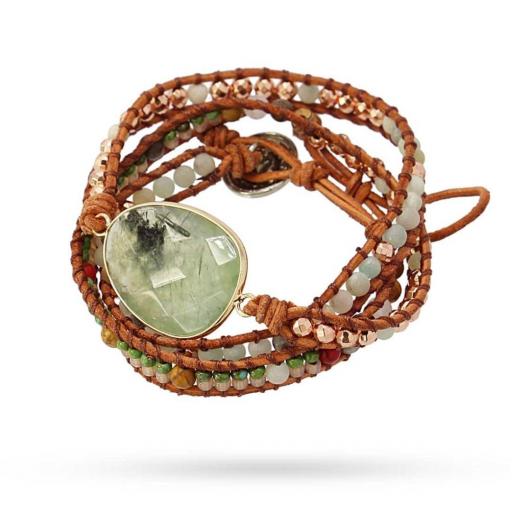 Pulsera de tres vueltas con piedra verde estilo étnico