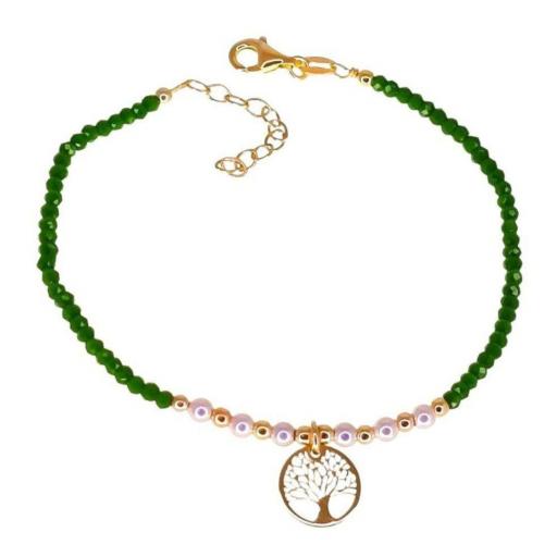 Pulsera de plata y piedras verdes con colgante árbol de la vida