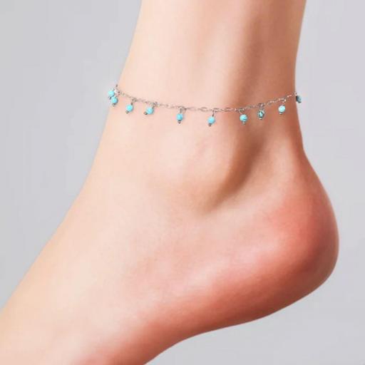 Tobillera de acero plateado con colgantes azul turquesa – ajustable y elegante [1]