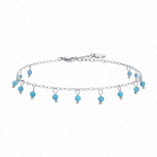 Tobillera de acero plateado con colgantes azul turquesa – ajustable y elegante