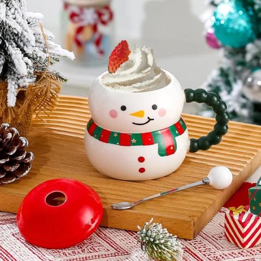 TAZA CERÁMICA, NAVIDEÑA CON CUCHARA Y TAPADERA MUÑECO DE NIEVE [1]