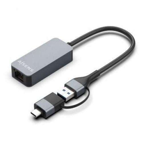 Adaptador USB 3.2 Gen1 Aisens A109-0710/ USB Macho - USB Tipo-C Macho - RJ45 Hembra/ 2500Mbps/ 15cm/ Gris [0]
