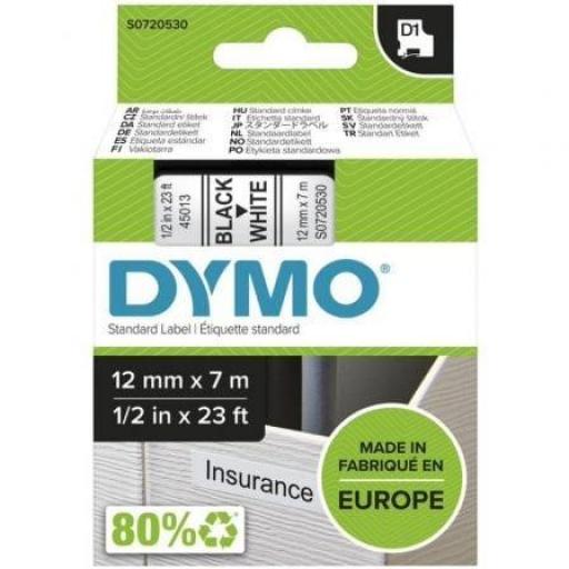 Cinta Rotuladora Adhesiva de Plástico Dymo D1 45013/ para Label Manager/ 12mm x 7m/ Negra-Blanca [0]
