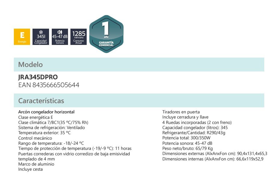 FICHA TECNICA Arcón congelador JRA345DPROD KLIMANTIA