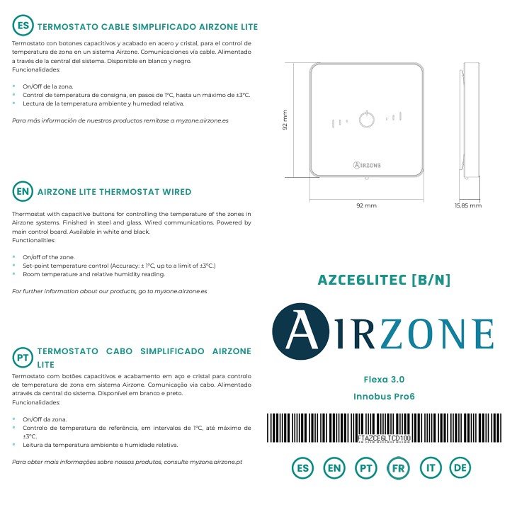 TERMOSTATO CABLE SIMPLIFICADO AIRZONE LITE (CE6 NEGRO