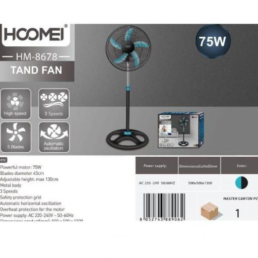 Ventilador de pie Hoomei 8678 de 3 velocidades y oscilación automática