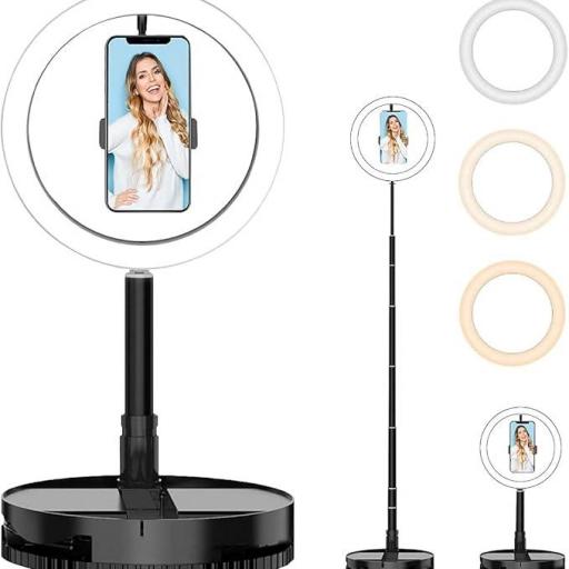 Anillo de luz de 10 pulgadas con trípode plegable y ajustable hasta 165 cm, mesa de selfie, anillo de luz para vídeos de YouTube, streaming en directo, vídeo de maquillaje, compatible con iPhone 