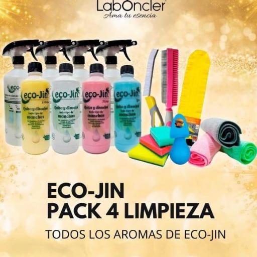 Pack 4 limpieza eco-Jin: 4 difusores + plumero + cepillo juntas amarillo + cepillo textil rosa + 4 bayetas + 4 estropajos esponja + bola descalcificadora (todos los aromas eco-Jin)