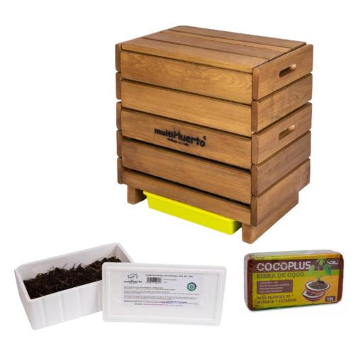 Pack Vermicompostador de madera Frutero completo + lombrices + fibra de coco