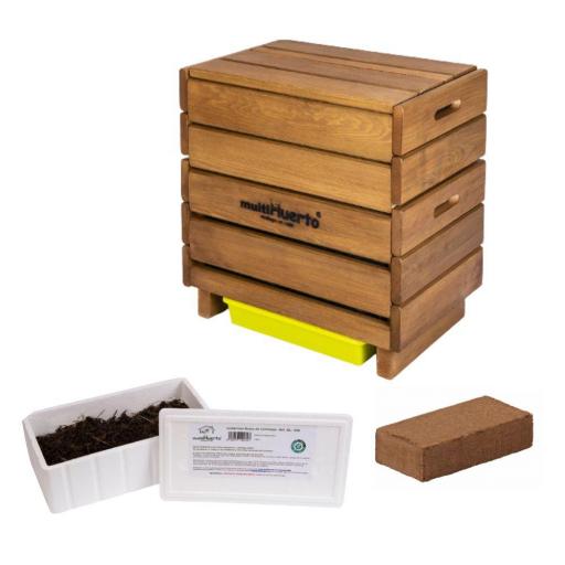 Pack Vermicompostador de madera Frutero completo + lombrices + fibra de coco