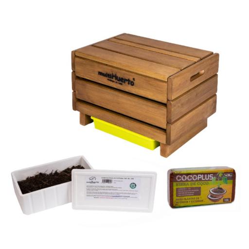 Pack Vermicompostador de madera Frutero sencillo + lombrices + fibra de coco