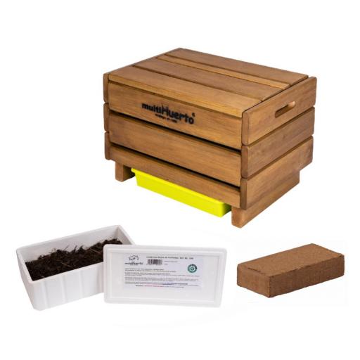 Pack Vermicompostador de madera Frutero sencillo + lombrices + fibra de coco