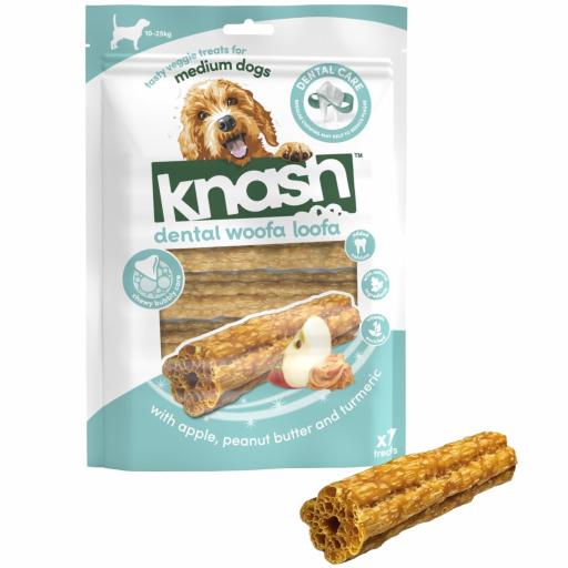 Knash Woofa Loofa Stick Dental De manzana y Crema de Cacahuete Bolsa 7 unidades