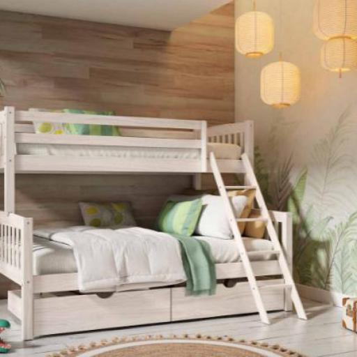 Litera Juvenil de Madera Blanca con Escalera y 2 Cajones Inferiores [1]