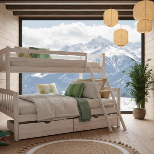 Litera Juvenil de Madera Blanca con Escalera y 2 Cajones Inferiores