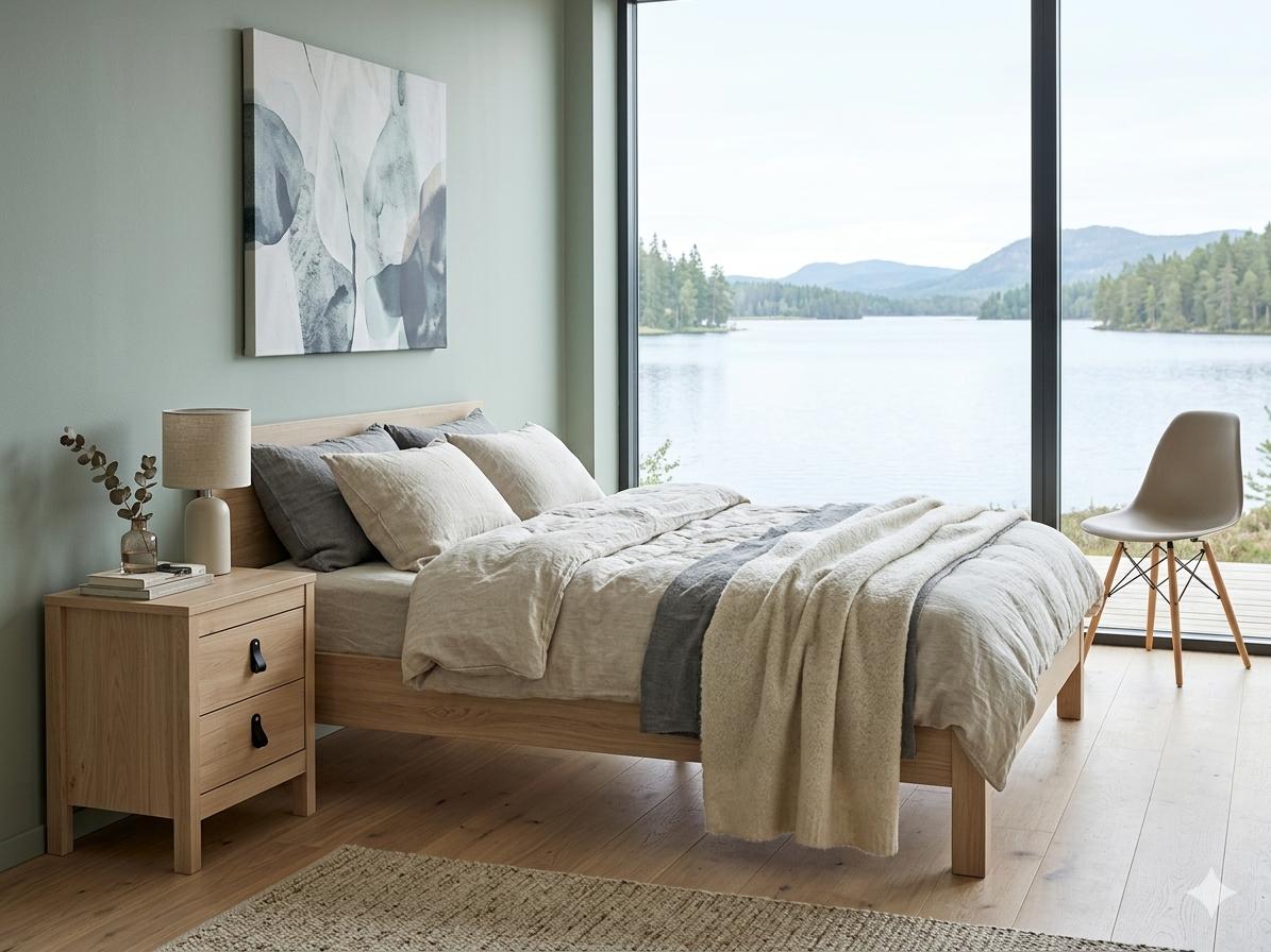 Mesita de Noche Nórdica de Madera Clara con Tiradores de Cuero – Colección Dormiky