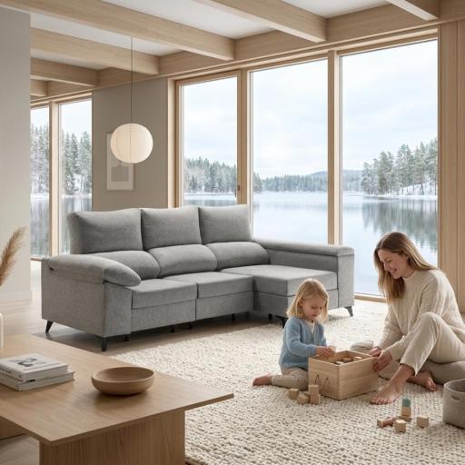 Sofá Chaise Longue Sena – Confort Familiar, Estilo Nórdico y Tejido Transpirable Gris