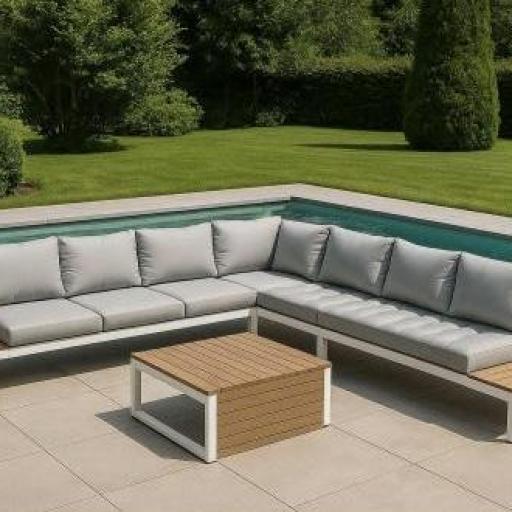RINCONERA EN ALUMINIO BLANCO Y POLYWOOD MARRÓN CON COJINES EN GRIS