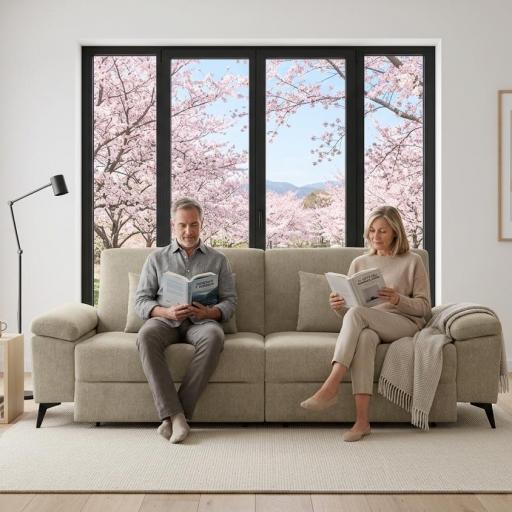 Sofá Cama de 3 Plazas con Asientos Relax – Confort Minimalista en Tela Beige [0]