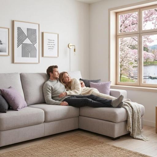 Sofá  "Harbor" – Tapizado Gris Claro con Chaise Longue asientos deslizantes [0]