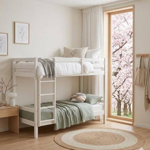 Litera de Madera Blanca Estilo Nórdico - Modelo Oslo- 90x190cm con Escalera Frontal y Barrera de Seguridad Integrada [0]