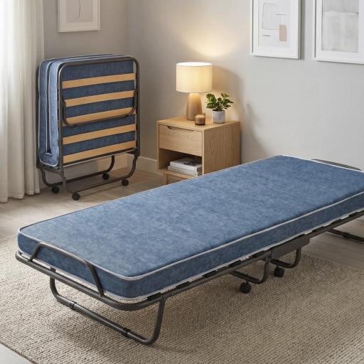 Cama Plegable con Ruedas "Easy-Guest" | Somier de Láminas y Colchón Azul Denim | Entrega gratis  [0]