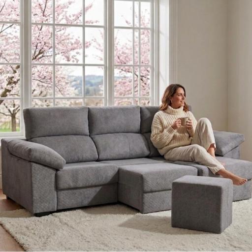 Sofá Chaise Longue Modular de 3 Plazas con Reposapiés - Tapizado en Tela Gris Texturizada - Ideal para Salones Modernos