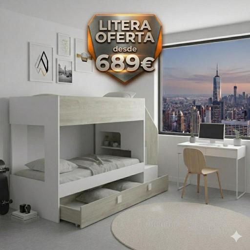 Litera Juvenil Minimalista con Almacenaje y Escalera Lateral – Blanco y Roble Nórdico