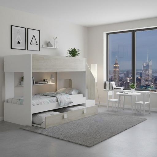 Litera Juvenil Minimalista con Almacenaje y Escalera Lateral – Blanco y Roble Nórdico [1]