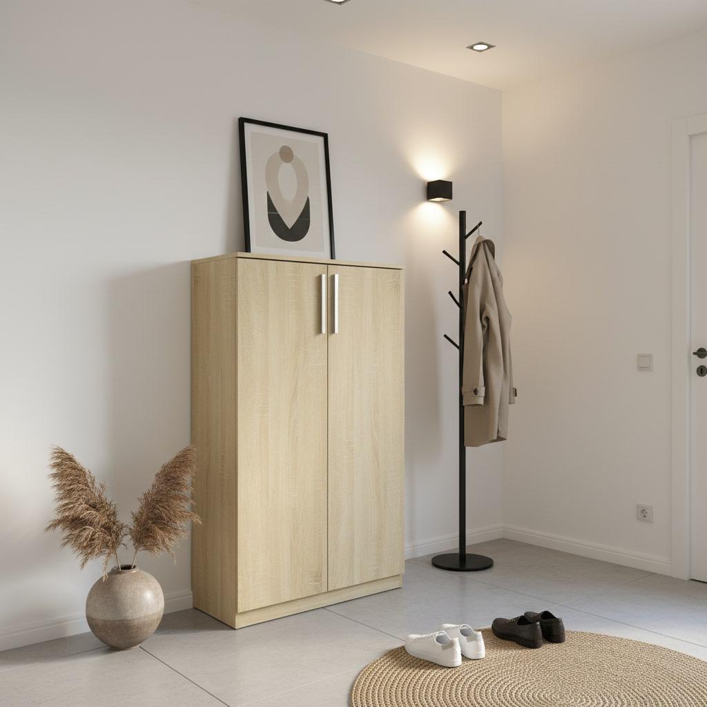 Zapatero Armario 2 Puertas Madera Roble Natural | Mueble Entrada Moderno con Estantes