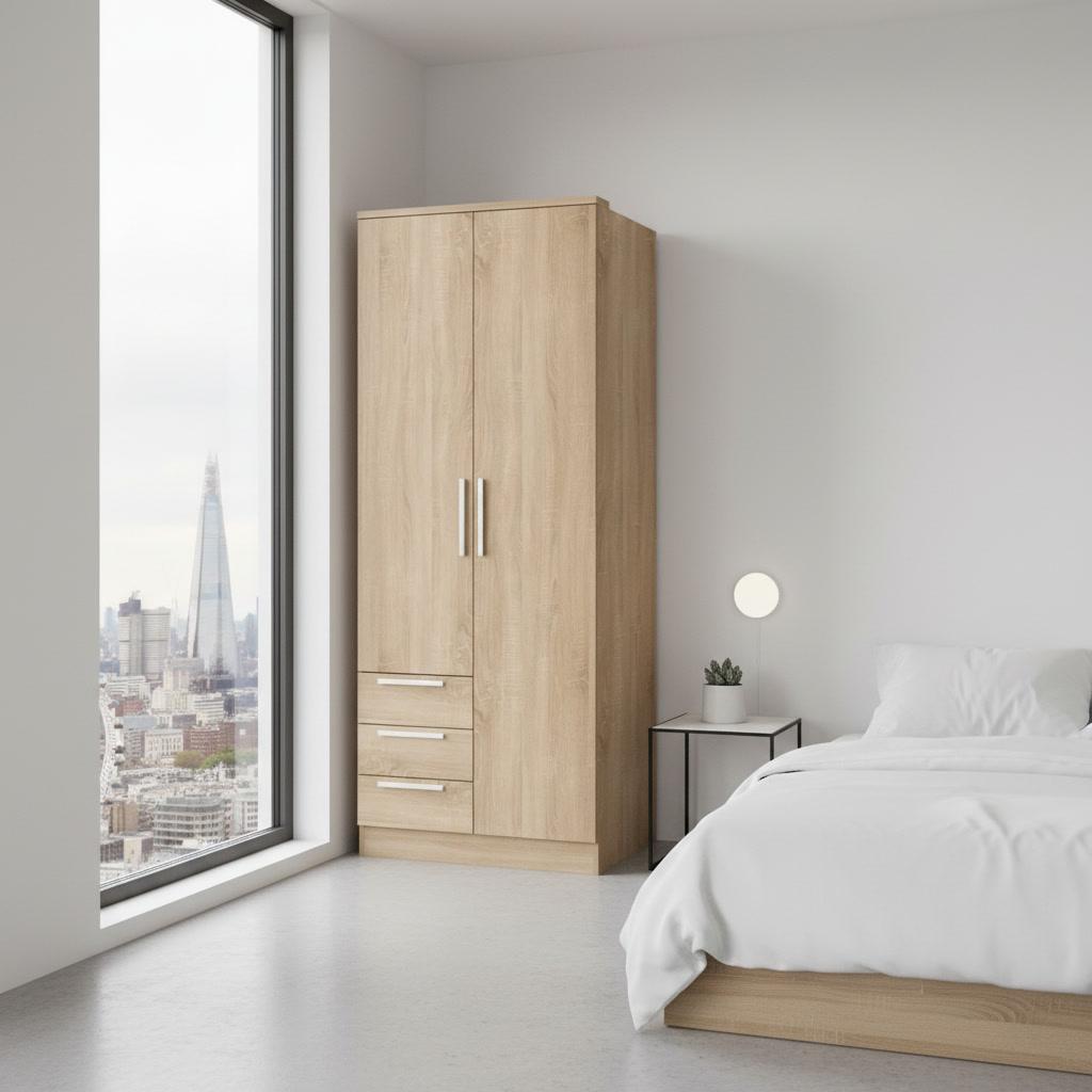 Armario 2 puertas abatibles y 3 cajones acabado roble 