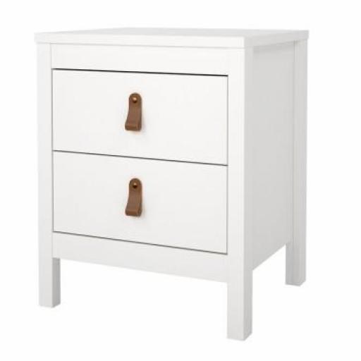 Mesita de Noche Blanca Minimalista con Tiradores de Cuero Marrón – Estilo Nórdico Dormiky [1]