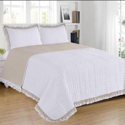 Colcha con doble fleco Reversible Blanco-Beige