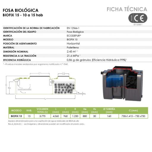 Fosa séptica con filtro BIOFIX 15 | 10 a 15 habitantes | filtro biológico aeróbico | salida superior opcional | HOMOLOGADA CE [2]
