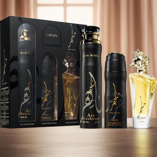 Set Regalo Lattafa Maahir Eau de Parfum 100 ml + desodorante con fragancia 200 ml + ambientador 300 ml [1]