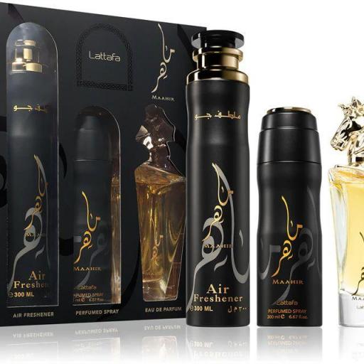 Set Regalo Lattafa Maahir Eau de Parfum 100 ml + desodorante con fragancia 200 ml + ambientador 300 ml