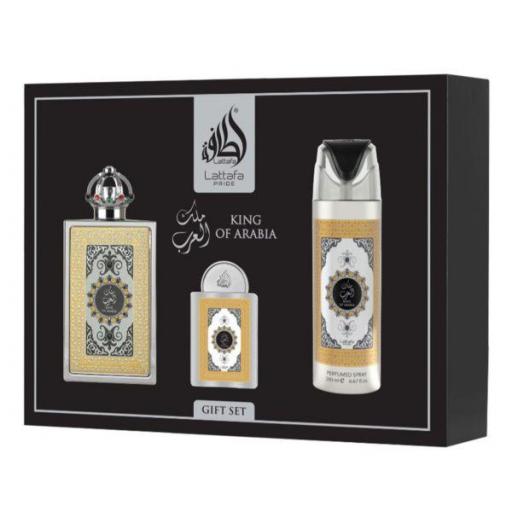 Lattafa Pride King of Arabia - Set de regalo 4 unidades, 100 ml EDP + 20 ml EDP + Vaporizador perfumado + Vaporizador de bolsillo