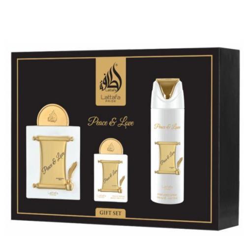 Lattafa Pride Peace & Love Giftset 4 uds. 100 ml EDP + 20 ml EDP + Vaporizador perfumado + Vaporizador de bolsillo