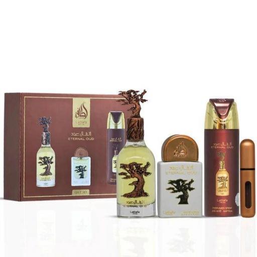 Lattafa Pride Eternal Oud Giftset 4 uds. 100 ml EDP + 20 ml EDP + Vaporizador perfumado + Vaporizador de bolsillo