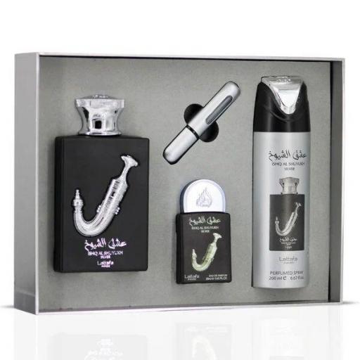 Lattafa Pride Ishq Al Shuyukh Silver Giftset 3 piezas: 100 ml EDP + 20 ml EDP + Vaporizador perfumado + Vaporizador de bolsillo [0]