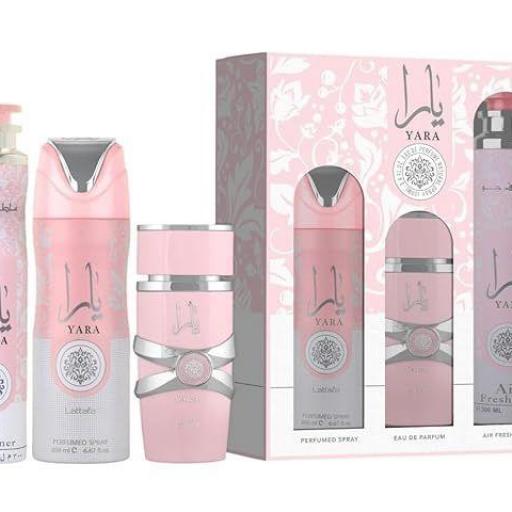  Set de regalo Lattafa Yara Rosa 100Ml de 3 piezas para mujer +  Deo + ambientador 