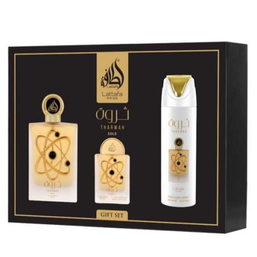 Set de regalo Lattafa Pride Tharwah Gold 4 unidades, 100 ml EDP + 20 ml EDP + Vaporizador perfumado + Vaporizador de bolsillo [0]