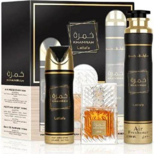 Set Regalo Lattafa KHAMRAH 100 Ml + Deo 200 Ml + Ambientador 300 Ml
