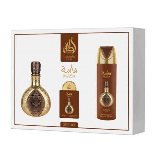 Set de regalo Lattafa Pride Masa (4 unidades): 100 ml EDP + 20 ml EDP + Vaporizador perfumado + Vaporizador de bolsillo