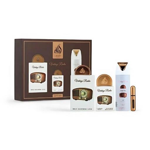 Set de regalo Lattafa Pride Vintage Radio 4 unidades: 100 ml EDP + 20 ml EDP + Vaporizador perfumado + Vaporizador de bolsillo